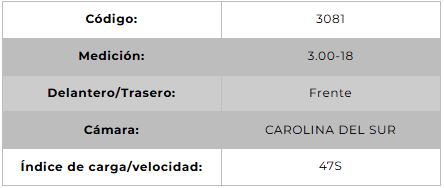 Llanta para moto 3.00-18 (TL) Tipo Tubular Modelo IRON Marca Technic Brasil